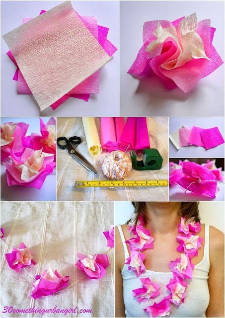 DIY: How to make paper Hawaii lei, necklace Hawaii Costume, Flower Necklace Diy, Hawai Party, Hawaii Crafts, Hawaii Lei, Hawaiian Costume, Hawaii Necklace, Hawaiian Necklace, Hawaiian Lei