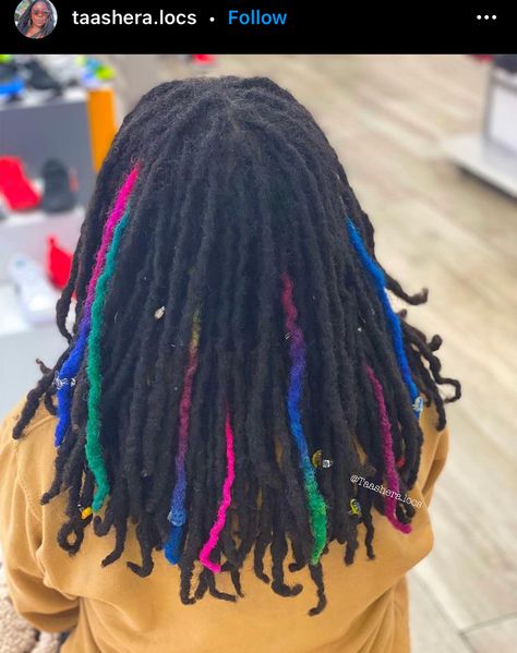 Rainbow Locs Black Women, Multi Colored Locs, Loc Jewelry On Short Locs, Rainbow Locs, Loc Color Ideas, Loc Dye, Loc Dye Ideas, Dyed Dreadlocks, Colorful Dreads