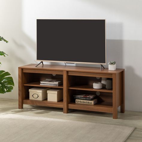 Wade Logan® Arnhild Media Console for TVs Up To 65" & Reviews | Wayfair Tv Stand Shelves Decor, Tv Stand Decor Open Shelves, Tv Stand Decor Living Room Modern, Tv Stand Living Room Ideas, Small Entertainment Center Ideas, Tv Stand Ideas Bedroom, Apartment Entertainment Center, Small Entertainment Center, Simple Tv Stand