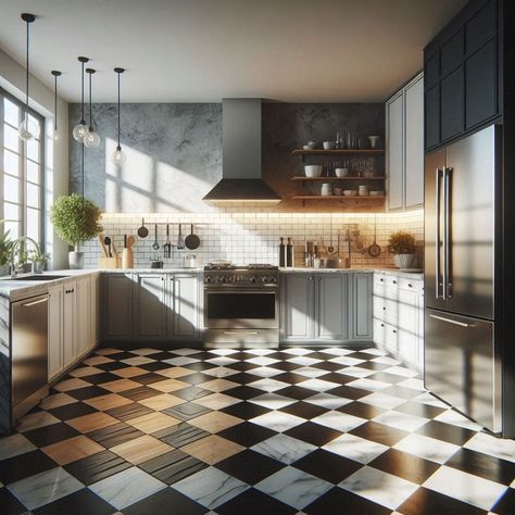 Black and White Kitchen Black White Tiles Kitchen, Kitchen With Black And White Floor, Black And White Marble Floor Kitchen, Kitchen Black And White Tiles, Black And White Tile Kitchen Floor, Black And White Kitchen Tile, Black And White Kitchen Tiles, Black And White Tile Kitchen, Black And White Kitchen Floor