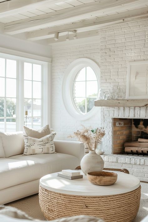 10 Unique Coastal Fireplace Ideas - Casually Coastal Beach Style Fireplaces, Modern Coastal Fireplace, Coastal Fireplace Ideas, Whitewashed Brick Fireplace, Whitewash Brick Fireplace, Fireplace Between Windows, Beach House Fireplace, Coastal Casual Living Room, Coastal Cozy