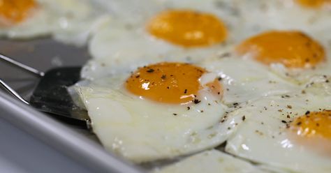 Sheet Pan Fried Eggs Eggs For A Crowd, Fried Egg Recipes, Oven Baked Bacon, Pastas Recipes, Breakfast For A Crowd, Baked Bacon, Huevos Fritos, Cooking For A Crowd, Coconut Macaroons