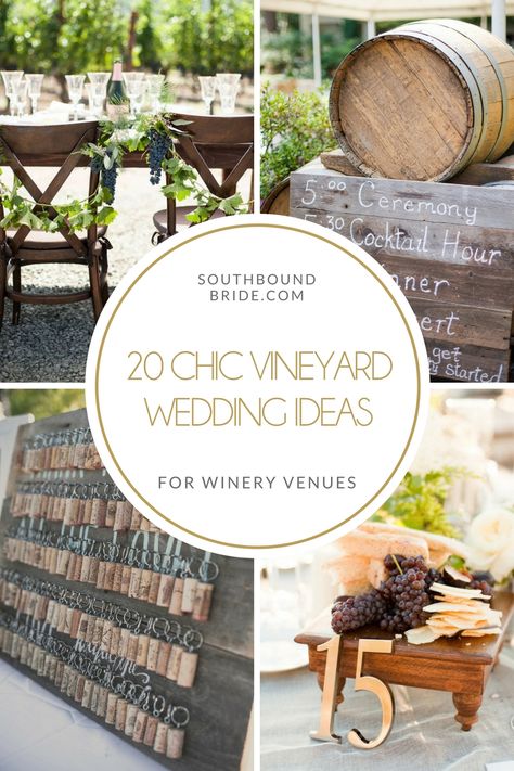 20 Chic Vineyard Wedding Ideas | SouthBound Bride Winery Wedding Theme, Wedding Winery Vineyard, Vineyard Wedding Centerpieces, Vineyard Wedding Ideas, Winery Wedding Decorations, Backyard Vineyard, Vineyard Decor, Vineyard Wedding Decor, Wine Theme Wedding