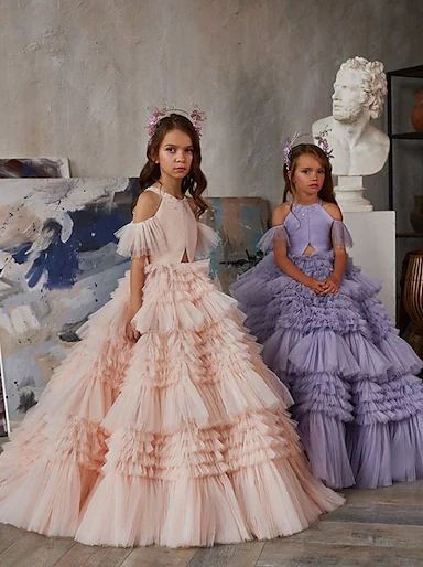 Princess Sweep / Brush Train Junior Bridesmaid Dress Wedding Lace Long Sleeve Bandeau with Side Draping 2021 - US $88.19 Birthday Princess Dress, Ruffle Gown, Layered Tulle Skirt, Custom Gown, Birthday Princess, Fashion Gowns, Pageant Dress, High Quality Dress, Pageant Dresses