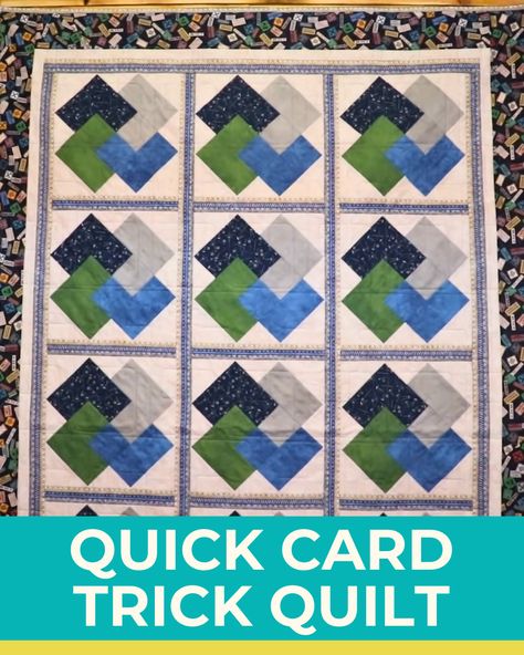 Looking for an interesting quilt pattern to make? Try this card trick quilt! It's easy and not as tricky as it looks. Card Trick Quilt Block Free Pattern, Card Trick Quilt Block, Card Trick Quilt Pattern Free Printable, Large Quilt Blocks Patterns Free, Card Trick Quilt Pattern, Card Trick Quilt, Cathedral Quilt, Easy Card Tricks, Diy Joy