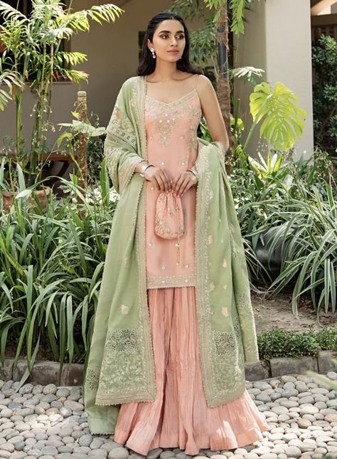 Pastel Indian Suits, Pastel Color Indian Outfits, Fitted Kurti, Peach Traditional Wear With Dupatta For Eid, Peach Traditional Sets With Dupatta, Bollywood Style Light Green Wedding Dupatta, Pastel Green Desi Outfit, Mint Green Indian Dress, Light Green Punjabi Suit