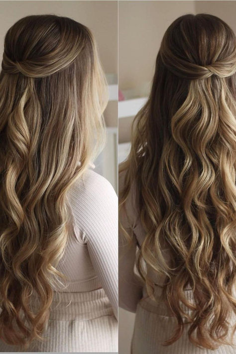 Cascading sandy blonde waves meet a chic half-up twist, showcasing a blend of highlights and lowlights for a dimensional, multi-tonal look. // Photo Credit: Instagram @bridal_hairstylist Curled Wedding Hair, Bridesmaid Hair Inspo, Half Up Curls, Down Prom Hairstyles, Loose Curls Hairstyles, Hairstyles Straight Hair, Half Up Wedding Hair, Wedding Hair Half, Prom Hairstyle