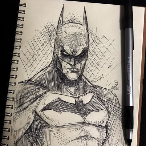 Orion TwoMillion on Instagram: “Super fast 10 minute ballpoint pen sketch of Batman! Currently drawing on my iPad so I took a short break and sketched this! ... ... ...…” Cool Pen Drawings Sketch, Spiderman Pen Drawing, Fast Drawing Sketch, Pen Drawings People, Batman Artwork Draw, Fast Sketch Ideas, Batman Drawing Pencil, Batman Sketch Easy, Batman Sketch Pencil