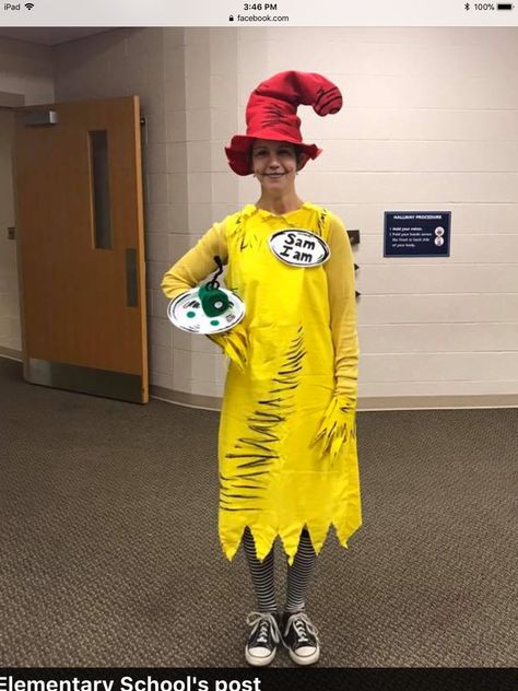 Dr Seuss Diy Costumes, Dr. Seuss Costumes, Dr Seuss Decorations, Seuss Costumes, Dr Seuss Costumes, Storybook Character Costumes, Creative Halloween Costumes Diy, Sam I Am, Book Character Day