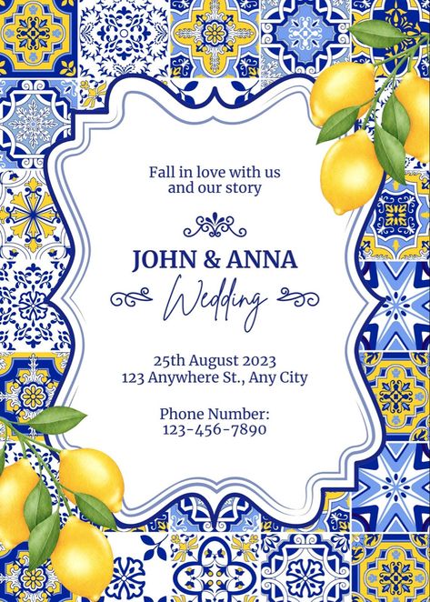 Awesome Canva Template for your invitation Lemon Amalfi Theme, Medeteranian Party Decor, Amalfi Coast Theme Invitation, Amalfi Coast Theme Birthday Party, Blue And White Lemon Theme, Lemon Bday Theme, Positano Italy Bridal Shower Theme, Lemon Positano Theme, Italian Lemon Birthday Theme