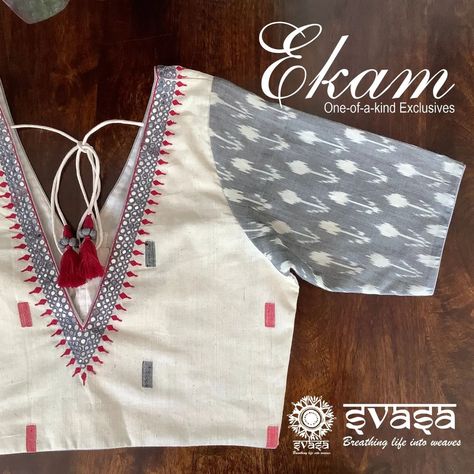 Svasa on Instagram: “SVASA EKAM Looking for some respite from the heat? Pick this cool grey and white pure ikat cotton blouse. Woven motifs, a touch of…” Model Blouses, Print Blouse Design, Cotton Blouse Pattern, Ikat Blouse Designs, Threadwork Embroidery, Ikat Blouse, Kalamkari Blouse, Cotton Saree Blouse Designs, Cotton Blouse Design