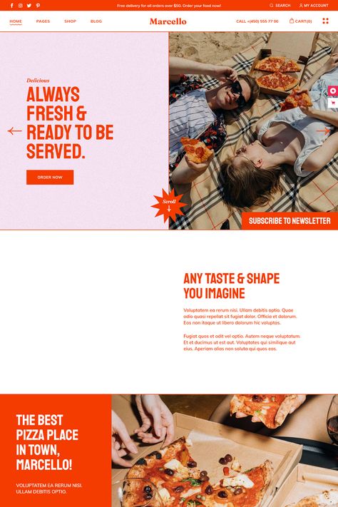 Made for every great pizzaiolo – it’s Marcello! A vibrant pizza restaurant theme designed for every pizzeria, bakery, and fast food website. Fast Food Web Design, Italian Restaurant Website, Italian Restaurant Website Design, Food Truck Website, Pizza Website Design, Fast Food Website, Bakery Website Design, Restaurant Web Design, Cafe Website Design