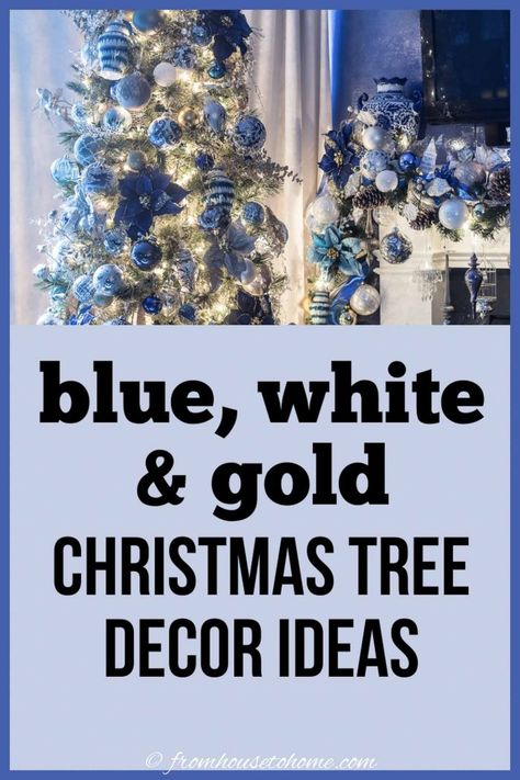 Gold Christmas Tree Decor, White And Gold Christmas, Blue Christmas Tree Decorations, Blue And White Christmas, Tree Decor Christmas, Glam Christmas Decor, Gold Christmas Tree Decorations, Blue Christmas Decor, Christmas Organization