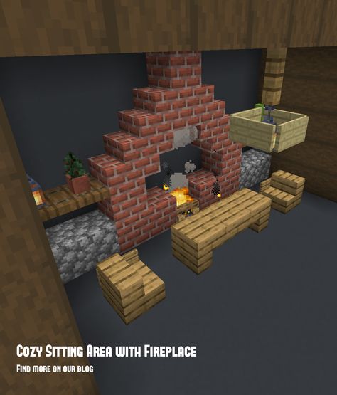 Sitting Area Minecraft, Cottage Minecraft Interior, Crafting Area Minecraft, Minecraft Sitting Area, Minecraft Fireplace Ideas, Fireplace Minecraft, Minecraft Fireplace, Minecraft Build Ideas, Sitting Area Design