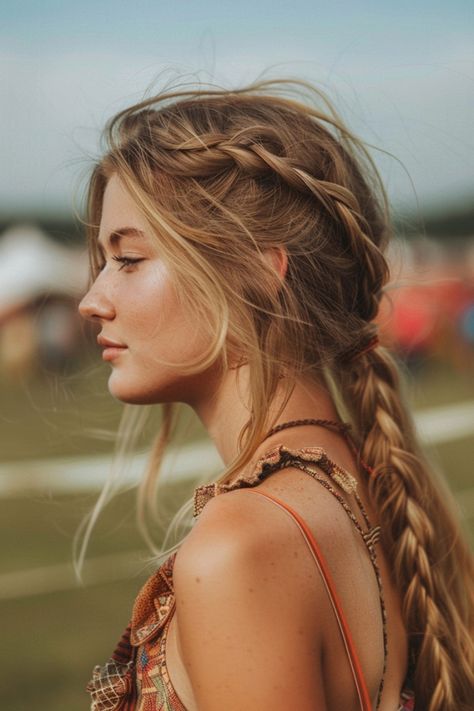 Profile view of a woman with a side braid, contemplative expression, blurred background. 70s Country Hairstyles, Outdoor Concert Hair, Cute Hairstyles Country Concert, Country Concert Hairstyles With Cowboy Hat, Cute Hair For Country Concert, Country Concert Hairstyles With Hat, Country Hair, Country Concert Hair, Lainey Wilson Hair