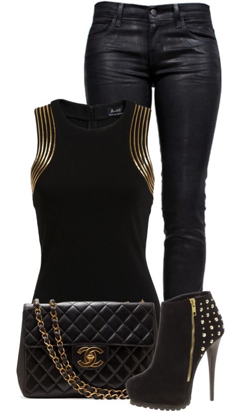 "Gold and Black" by fashion-766 on Polyvore Clothes Casual Outift for • teens • movies • girls • women •. summer • fall • spring • winter • outfit ideas • dates • parties Polyvore :) Catalina Christiano Black Mode, Mode Rock, Fashion Pic, Pastel Outfit, Night Out Outfit, Fashion Night, Looks Chic, 여자 패션, Outfit Casual