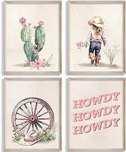 MOCVSWO Western Howdy Cowgirl Cowboy Hat Cactus Desert Wall Art Prints for Cowgirl Nursery Decor And Kids Room Girs Room Decoration,Set Of 4(8''x10''Inches,Unframed). Boho Cowgirl Nursery, Cowgirl Nursery Ideas, Cow Themed Nursery Girl, Western Girls Nursery, Pink Cowgirl Nursery, Horse Nursery Girl, Girl Western Nursery, Baby Girl Western Nursery, Western Baby Girl Nursery