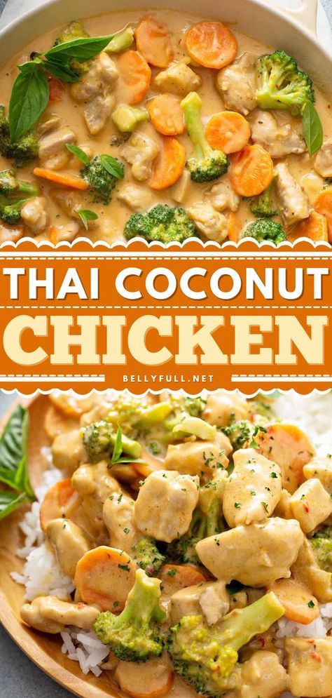 Thai Coconut Chicken, chicken recipes, family dinner ideas Tai Food Recipes, Thai Chicken Stir Fry, Coconut Milk Sauce, Thai Coconut Chicken, Recipes Chili, Pizza Sandwich, Coconut Milk Recipes, Thai Coconut, Coconut Chicken