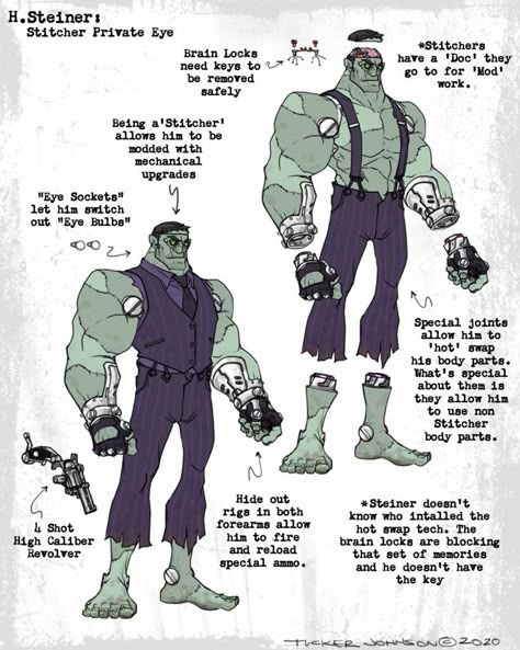 Just a few ins and outs and offs and ons... #frankenstein #Hardboiled #Steiner #stitcher Frankenstein Concept Art, Frankenstein Character Design, Cybernetic Implants, Frankenstein Character, Frankenstein Design, Biomechanical Engineering, Cartoon City, Dnd Ideas, Monster Girls