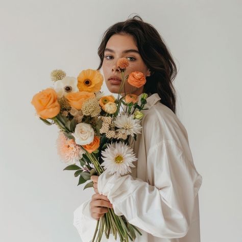 Bunch of flowers woman photography asteraceae. | free image by rawpixel.com / Boom Girl Photoshooting Ideas With Flower, Flower Frame Photoshoot, Flower Arrangement Photoshoot, Photoshoot Flower Ideas, Studio Photoshoot With Flowers, Flower Shop Photography, Self Portrait Flowers, Florist Portrait, Photoshoot Ideas With Flowers