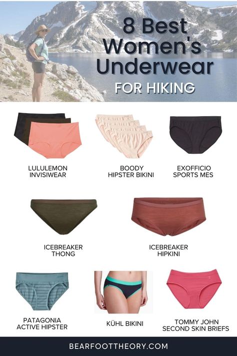 Best Hiking Underwear for Women that Stay Put & Wick Sweat – Bearfoot Theory Backpacking Clothes Women Hiking, Homestead Clothing, Hiking Essentials For Women, Moisture Wicking Clothes, Hiking Gear Women, Banff Trip, Outdoor Wear Women, Tips To Stay Healthy, Hiking Attire