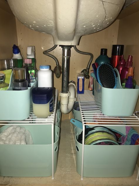 Gray Teal Bathroom, Small Apartment Bathroom, Under Sink Storage, Shelves, Bins, Door Rack Small Apartment Storage, Bathroom Under Sink, Small Apartment Bathroom, Under Kitchen Sink Organization, Apartment Storage, Diy Bathroom Storage, Creative Bathroom, Under Sink Storage, Under Sink Organization