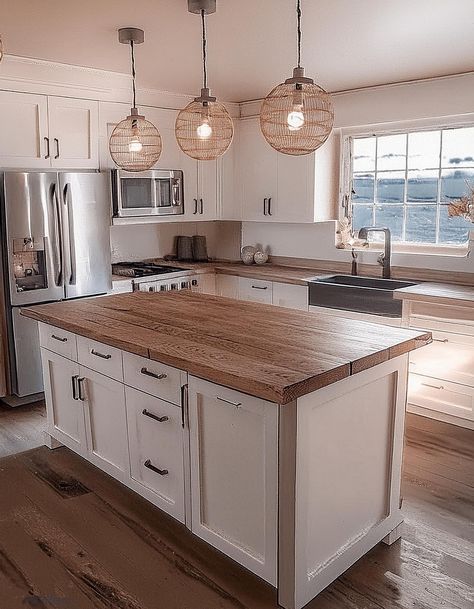 Butcher Block Countertops Butcher Block Countertop Island, Kitchen Butcher Block Countertops, Kitchen Island With Butcher Block Top, Butcher Block Countertops Kitchen, Kitchen Island Designs, Block Countertops, Butcher Block Island Kitchen, Butcher Block Countertop, Tiny Kitchen Design