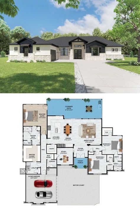 Open Floor House Plans for a Spacious Feel Modern House Exterior One Floor, Contemporary House Exterior Single Story, Modern 3 Bedroom House Plans One Story, Single Story House Floor Plan, Contemporary One Story House Plans, One Story House Plans With Sunroom, 3 Bedroom Modern Ranch House Plans, Four Bedroom Single Story House Plans, Modern Ranch House Plans One Story