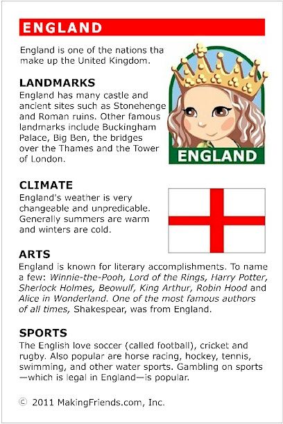 England Fact Card for your Girl Scout World Thinking Day or International celebration. Free printable available at MakingFriends.com. Fits perfectly in the World Thinking Passport, also available at MakingFriends.com History Projects Ideas, Facts About England, Around The World Theme, Country Studies, World Thinking Day, Country Facts, Girl Scout Ideas, World Geography, English Activities