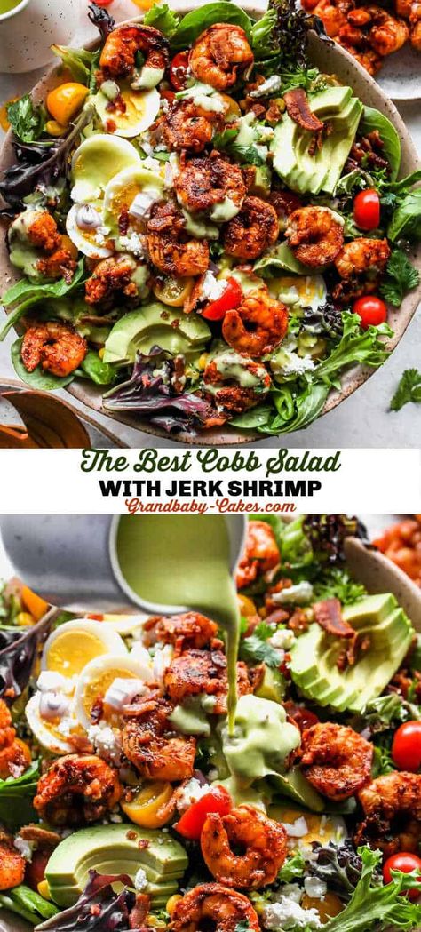 Salad Recipes With Seafood, Seafood Cobb Salad Recipe, Salads Recipes Cobb, Jerk Shrimp Salad, Shrimp Egg Salad Recipes, Summer Salad With Shrimp, Shrimp With Salad, Shrimp Dinner Salad, Salads With Seafood