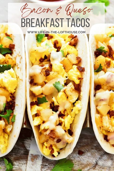 Tacos aren't just for dinner anymore. These Bacon and Queso breakfast tacos are incredible and loaded with flavor. Ham And Cheese Omelette, Taco Tuesday Recipes, Breakfast Tacos Recipe, Breakfast Tacos, Delicious Dinner Recipes, Breakfast Brunch Recipes, Breakfast For Dinner, Salsa Verde, Breakfast Dishes