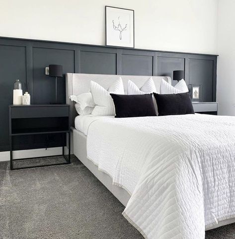 Bedroom Wallpaper Accent Wall, Feature Wall Bedroom, Bedroom Accent, Accent Wall Bedroom, Black Bedroom, Bedroom Renovation, Bedroom Panel, Bedroom Black, Stylish Bedroom