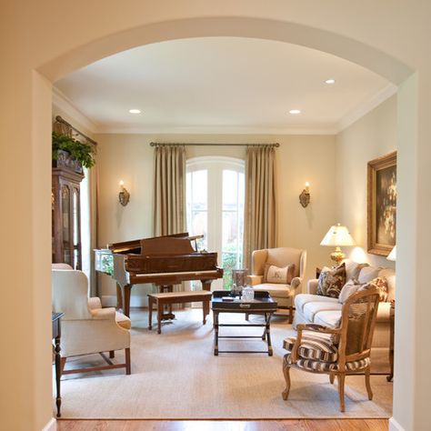 Sherwin Williams SW6120- Believable Buff via houzz Piano Room Design, Grand Piano Living Room, Grand Piano Room, Piano Room Decor, Piano Living Rooms, Living Room Decor Country, Baby Grand Piano, Traditional Family Room, French Country Living Room