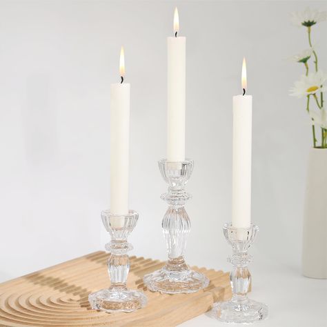 PRICES MAY VARY. Tapered Candlestick Holders: Designed for tapered candles, their striped exterior beautifully reflects candlelight.Illuminate your space with our 3-piece set of sleek glass candle holders. Safe Candle Stand: Our holders boast a transparent base with a widened footprint and floral-inspired design, ensuring they stay upright during use. High-qualty Material: Crafted from thick, heat-resistant glass, our holders guarantee safe burning and enduring quality, promising years of deligh Wedding Centerpieces Candles, Candlestick Centerpiece Wedding, Safe Candle, Candles Stand, Clear Candle Holders, Clear Candle, Safe Candles, Centerpiece Home, Candle Sticks Wedding