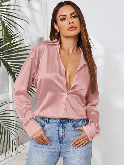 SHEIN Privé Solid Button Through Satin Shirt | SHEIN USA Pink Blouses Outfit, Satin Shirt Outfit, Silk Shirt Outfit, Pink Shirt Outfit, Pink Satin Top, Satin Button Up, Fashion Tops Blouse, Hem Blouse, Plain Shirt