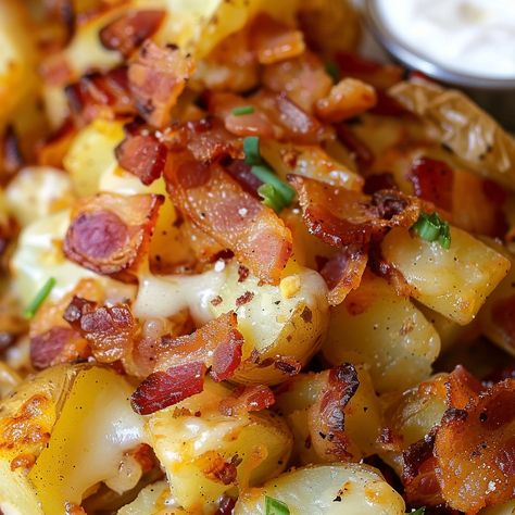 Cheesy Breakfast Potatoes with Crispy Bacon Breakfast Potatoes Cheesy, Breakfast Cheesy Potatoes, Breakfast Diced Potatoes, Cheesy Breakfast Potatoes, Oven Fried Potatoes, Cheesy Breakfast, Frozen Potatoes, Bacon Potato, Fresh Potato