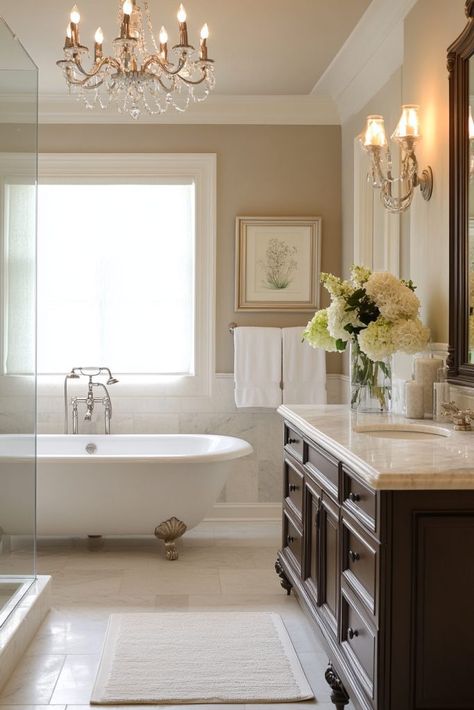 Bathroom Modern Vintage, Master Bathrooms Luxury Modern Decor, Elegant Bathroom Lighting, Elegant Bathroom Luxury Modern, Vintage Master Bath, Classic Timeless Bathroom, Timeless Bathroom Ideas, Old Style Bathroom, Timeless Master Bath