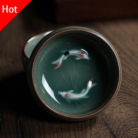 2pcs Chinese Longquan Celadon Porcelain Teacups teapot Tea Bowl Golden Fish 60ml China teaset Tea Pot Celadon Crackle Tea Set-in Coffee & Tea Sets from Home, Kitchen & Garden on Aliexpress.com | Alibaba Group Karp Koi, Chinese Tea Pot, Design Japonais, Epoxy Art, Golden Fish, Carpe Koi, Beautiful Tea, Tassen Design, Ceramic Tea Cup