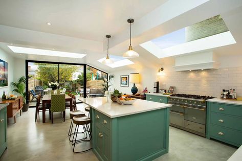 Kitchen With Open Ceiling, Green Wood Brick Kitchen, Brick In Kitchen, One Wall Kitchen With Island, Contemporary Kitchen And Dining, Eclectic Kitchens, Ireland Interior, Wood Islands, Flat Roof Tiles