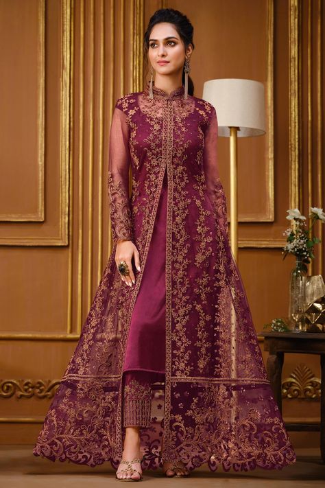 Wine Pants, Long Anarkali Gown, Celana Fashion, Pakistani Suits Online, Designer Anarkali Suits, Pakistani Party Wear, Gaun Fashion, Net Dress, Designer Anarkali