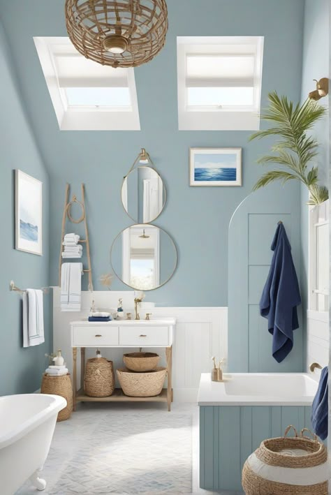 Discover how to create a calming bathroom retreat with Naval (SW 6244) as we explore daily interior designer routines and decor tips for a deep blue serenity. #Ad #homedecor #homedesign #bathroom #Painthome interiorarchitecture best Wall Colors for Bathroom Colors Bright Room Colors best colors combinations bathroom bathroom Remodeling Modern Paint Colors 2024 Blue Paint In Bathroom, Blue Grey Bathroom Paint, Restroom Paint Colors, Blue Paint Colors For Bathroom, Blue Bathrooms Ideas, Blue Walls Bathroom, Bathroom Wall Paint Colors, Pastel Blue Bathroom, Blue Washroom