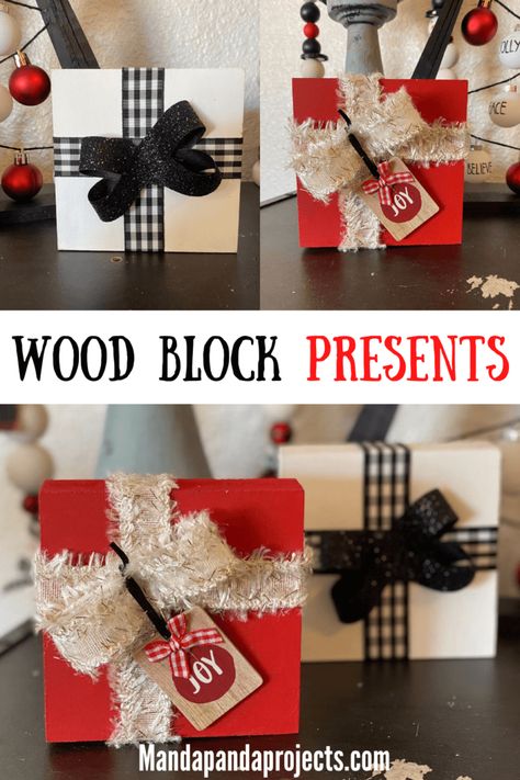 Diy Wooden Block Christmas Decorations, Wood Cube Christmas Crafts, Wooden Block Christmas Presents, Scrap 2x4 Projects Diy Christmas, Wood Block Presents Christmas Crafts, Wood Christmas Packages, Scrap 2x4 Projects Diy Wood Blocks, Holiday Wood Crafts To Sell, Wood Block Crafts Diy Project Ideas