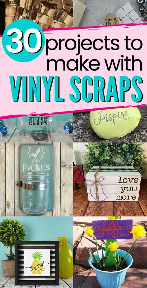 Do you have lots of vinyl scraps saved up but not sure what to do with them? Check out this huge collection of scrap vinyl projects you can make with your Cricut or Silhouette! Best Adhesive Vinyl For Cricut, Vinyl Crafts Cricut, How To Organize Vinyl Scraps, Vinyl Projects Silhouette Cameo, Distressed Vinyl Cricut, Permanent Adhesive Vinyl Projects, Cricut Scraps Ideas, Diy Cameo Silhouette Projects, Cricut Adhesive Vinyl Projects