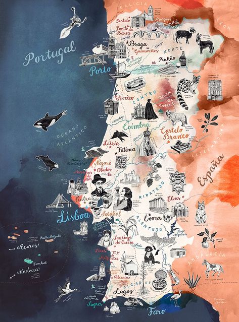 Portugal Map : Theresa Grieben Portugal Art Illustration, Line Art Poster Design, Portugal Map Illustration, Portugal Aesthetic Vintage, Portuguese Aesthetic, Portuguese Decor, Portugal Illustration, Ticket Drawing, Portugal Poster