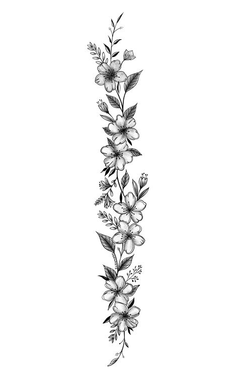 Floral Spine Tattoo Flowers Tattoos For Women Back, Vine Of Flowers Tattoo Spine, Spine Tattoo Sizes, Flying Flowers Tattoo, Dragon And Flower Spine Tattoo, Morning Glory Flower Spine Tattoo, Womans Spine Tattoo, Rectangle With Flowers Tattoo, Floral Tattoo Design Spine