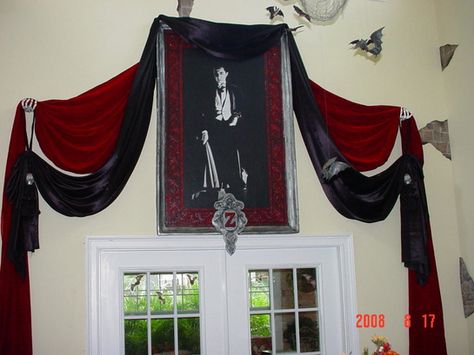 Static: VAMPIRE'S Lair: Seeking inspirational photos and ideas Creepy Kitsch, Tiki Halloween, Bella Lugosi, Vampire Lair, Vampire Decor, Halloween Dracula, Goth Houses, Halloween Curtains, Vampire Party