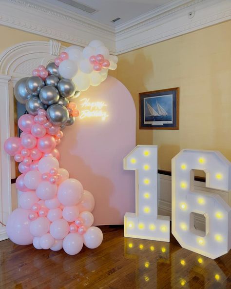 Sweet 🎀💕Sixteen Sweet 16 Set Up, Sweet Sixteen Balloons Decorations, Sweet Sixteen Balloon Arch, Sweet 16 Photo Backdrop, Sweet 16 Ballon Arrangement, Pink Sweet 16 Photo Wall, House Of Balloons Sweet 16, Sweet 16 Candles Sweet 16 Party Store, Pink Purple Wedding