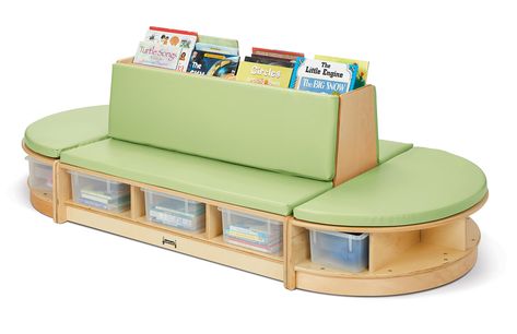 PRICES MAY VARY. SEATING & STORAGE - This 3 piece set includes a double-sided couch and two semi-circle benches to create a literacy center. It has center partitions, 6 tubs, and 4 cubbie-trays for storage books and literacy items. Includes key lime cushions. CLASSROOM, DAYCARE, & HOME USE - Our Read-a-Round 3 Piece Set is ideal for your classroom, daycare, preschool, home, playroom, montessori, and more. The large storage space is great for having this be a literacy center for children. FULLY A Daycare Furniture Ideas, Preschool Furniture Classroom, Daycare Library Ideas, Small Home Daycare Setup, Daycare Bathroom, Teacher Decorations, Childrens Salon, Playroom Montessori, Home Playroom