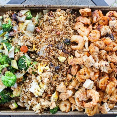 Hibachi on the Blackstone - The Food Hussy Hibachi On Blackstone Griddle, Habatchi Recipe, Blackstone Hibachi Recipes, Blackstone Hibachi, Hibachi Shrimp, Hibachi Recipes, Zucchini Bites, Blackstone Recipes, Riced Veggies