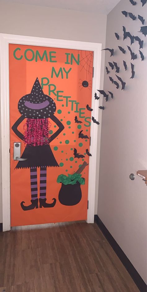 Bats, witch, come in my pretties Come In My Pretties Classroom Door, Witches Door Decoration, Witch Door Decorations Classroom, Bat Classroom Door, Halloween Witch Door Decorations, Witch Classroom Door, Witch Bulletin Board, Halloween Office Door Decorating Contest, Witch Door Decoration